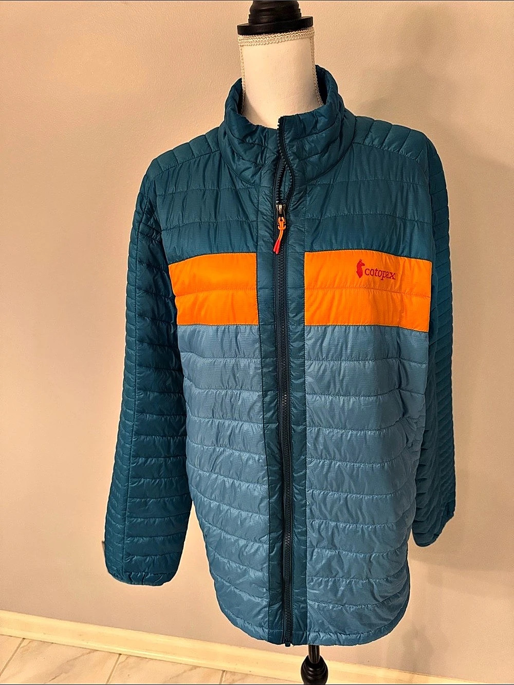 Cotopaxi Down Hooded Colorblock Jacket Blue & Orange